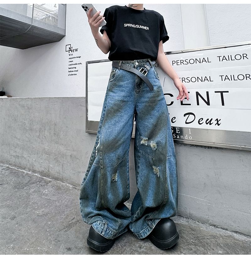 ravewider - Mid Rise Washed Distressed Wide Leg Jeans
