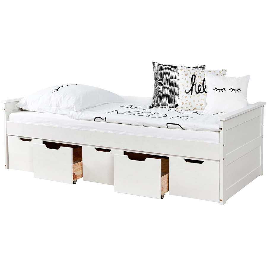 TiCAA Sofabett Theodor 90 x 200 cm Kiefer weiß mit 5 Schubladen