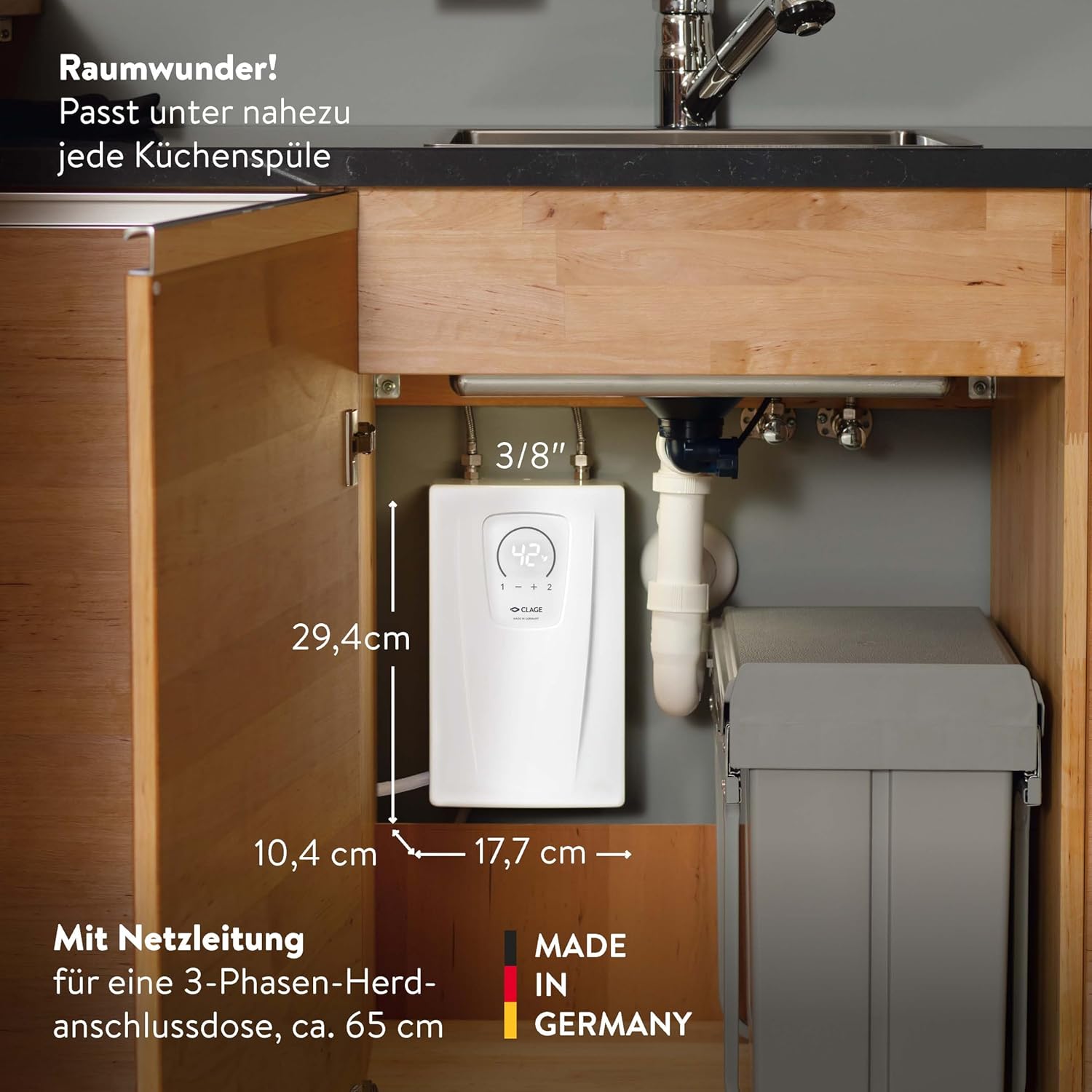 CLAGE CEX-U/EAK elektronischer Küchen-Durchlauferhitzer im Set mit Einhebel-Mischarmatur, 11-13,5kW 400V, LED-Sensorbedienfeld, schlankes Design zur Untertischmontage, VDE-GS geprüft