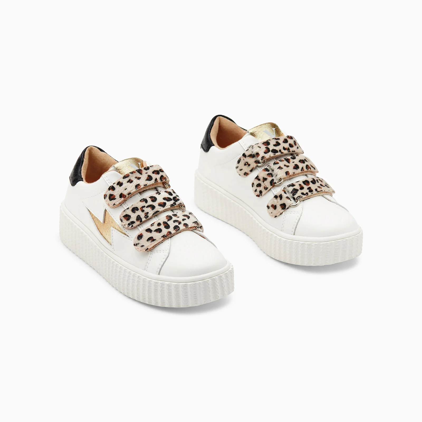 Sneakers-Baskets éclair Mini Maggie blanches à scratchs léopard