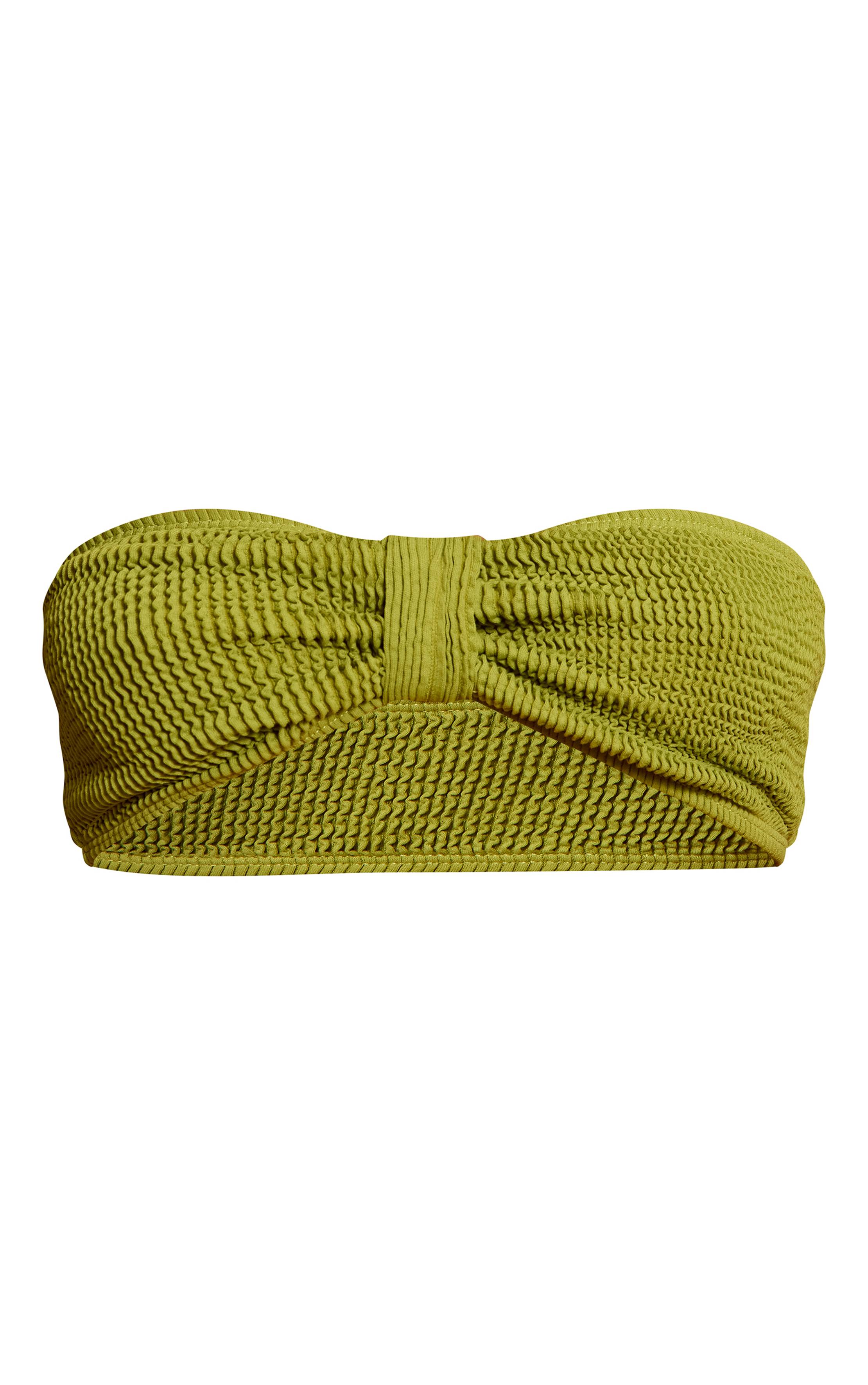 Vert Olive Haut De Bikini Bandeau Plissé À Nœud Frontal