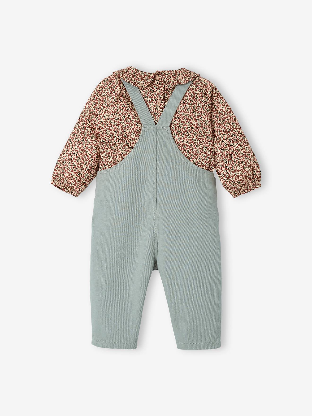 Conjunto de body e blusa para bebê, bege médio com estampa.