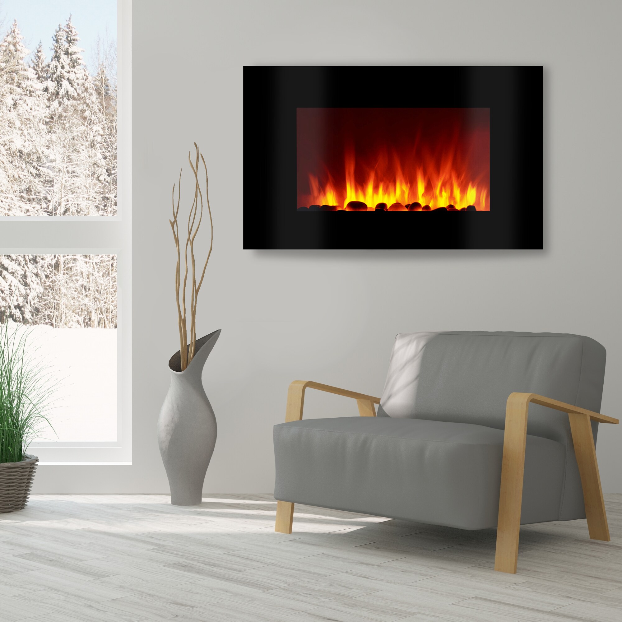Heidenfeld Elektrokamin HF-WK100, Wandkamin Flat / Curved, Heizfunktion, Thermostat, Fernbedienung (WK100C flach Steinoptik)