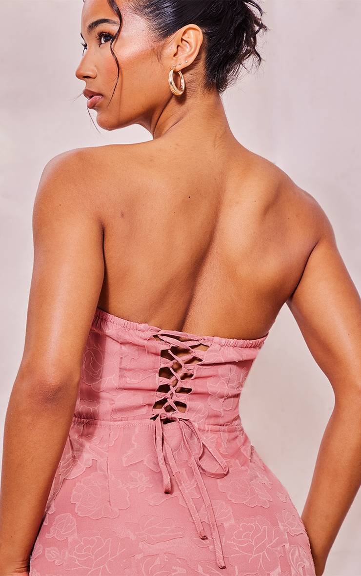 Rose Robe Longue Bustier À Fleurs Texturées