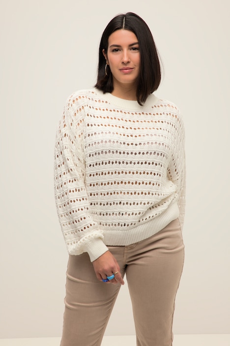 Pullover, oversized, Lochstrick, Rundhals, Langarm