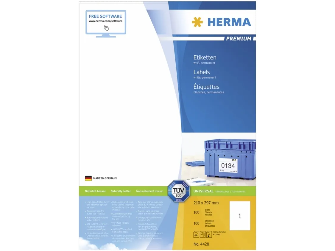 HERMA Premium - Papir - mat - permanent selvklæbende - hvid - A4 (210 x 297 mm) 100 etikette(r) (100 ark x 1) laminerede etiketter