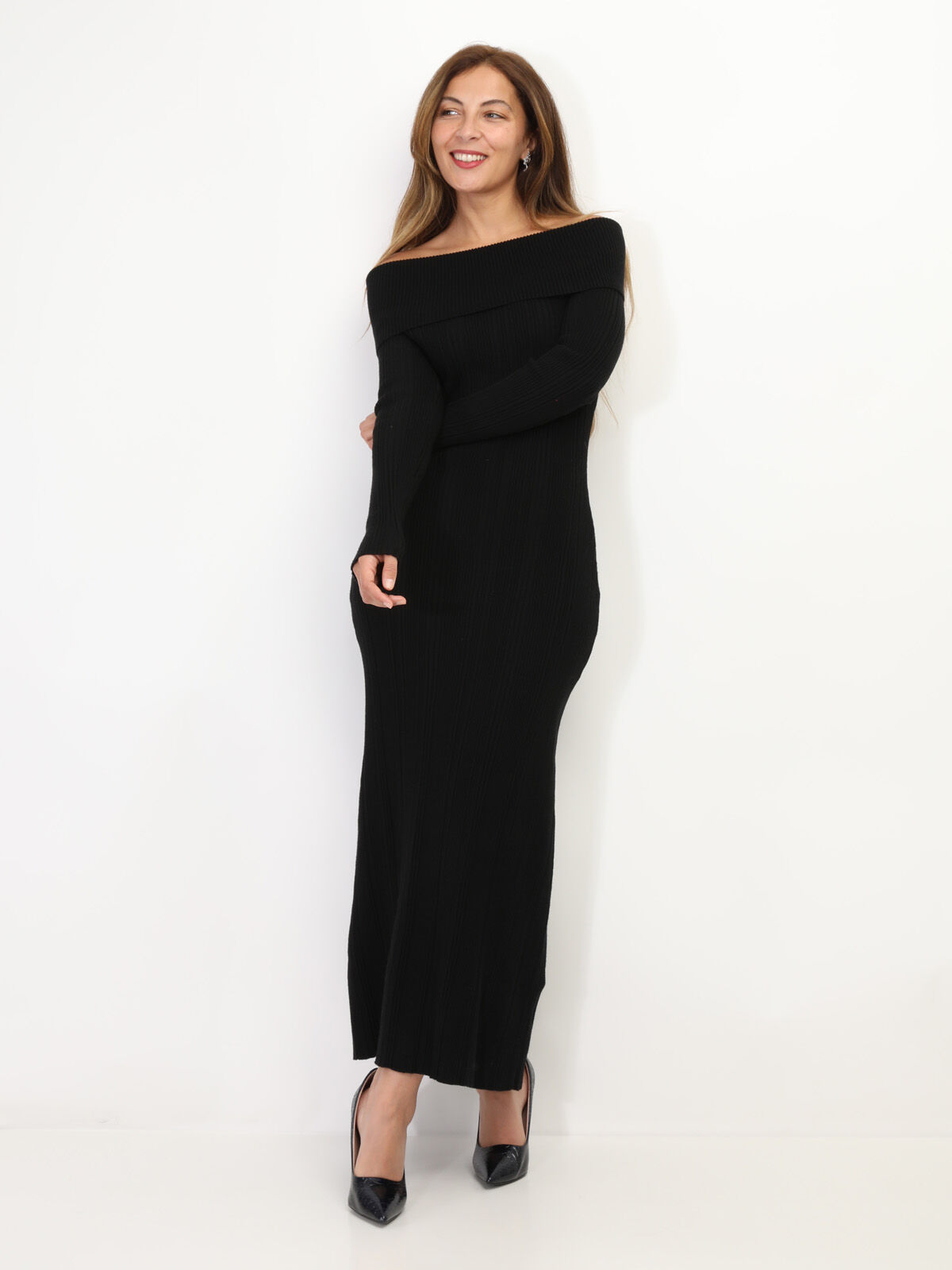 Robe longue en maille à col bardot- Noir