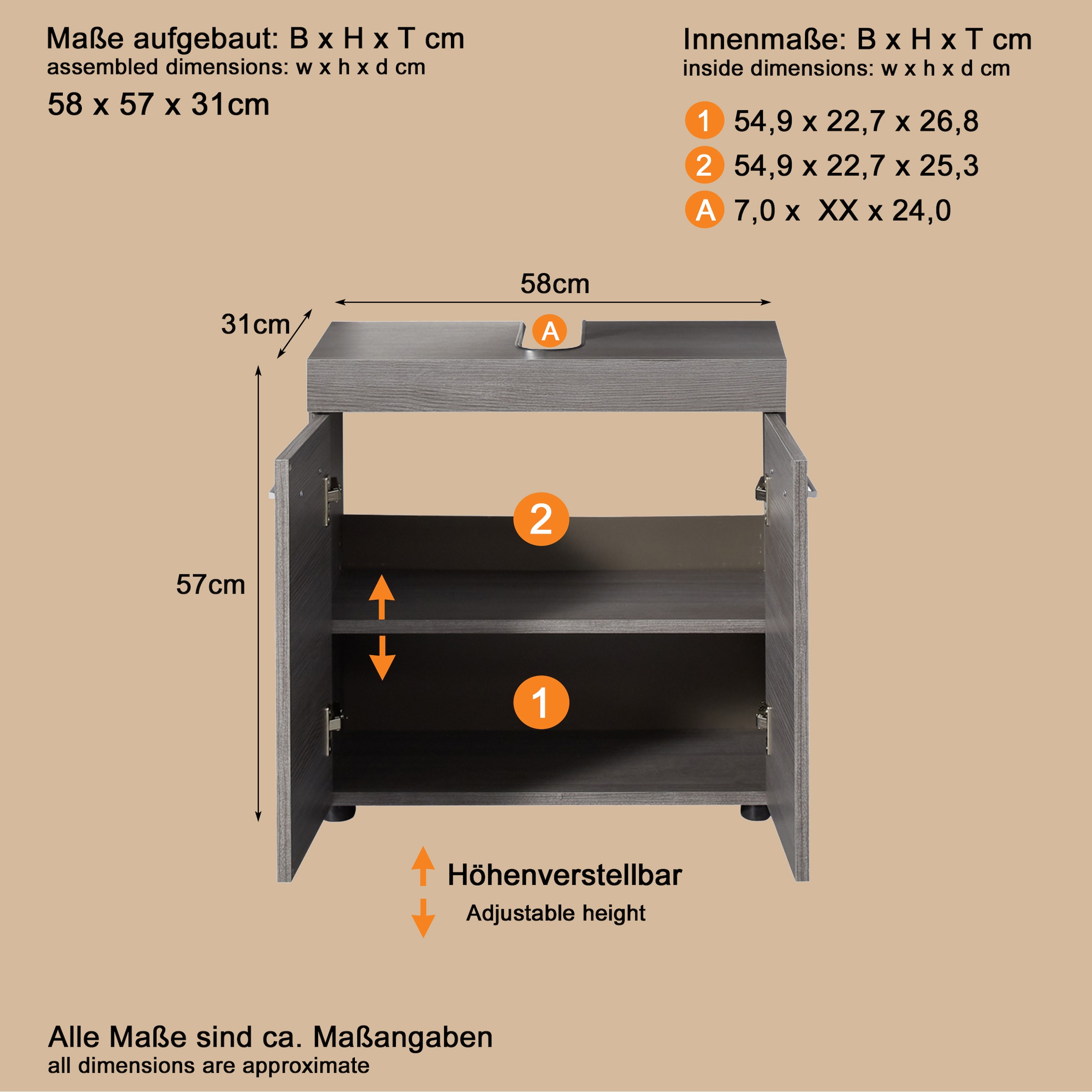 welltime Waschbeckenunterschrank »Royan« Waschbeckenunterschrank mit 2 Türen - (B/T/H) 58/31/57 cm