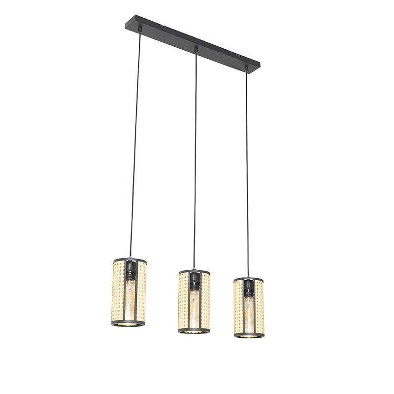 Oosterse hanglamp zwart met rotan 3-lichts langwerpig - Akira