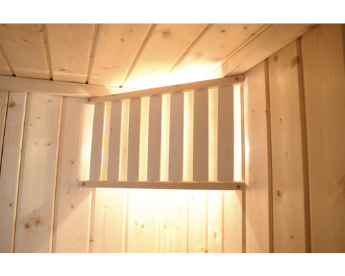 Massief houten sauna Weka Valida hoek GTF maat 1 incl. 5,4 kW kachel en digitale bediening met venster en volledig glazen deur van helder glas
