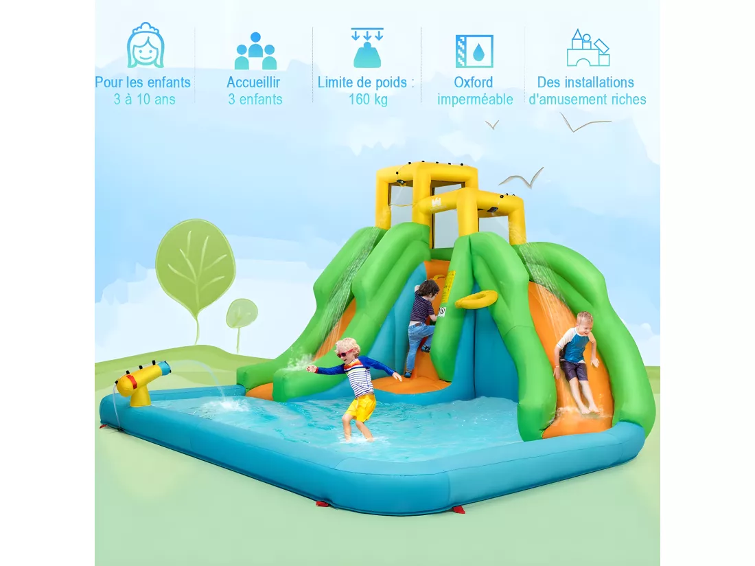 5 en 1 Château Gonflable Enfants avec Toboggan Double, Parc Aquatique Gonflable avec Mur d'Escalade, Panier, Piscine, Canon à Eau, Charge 159kg pour 3 Enfants de 3-10 Ans (avec souffleur 680W)