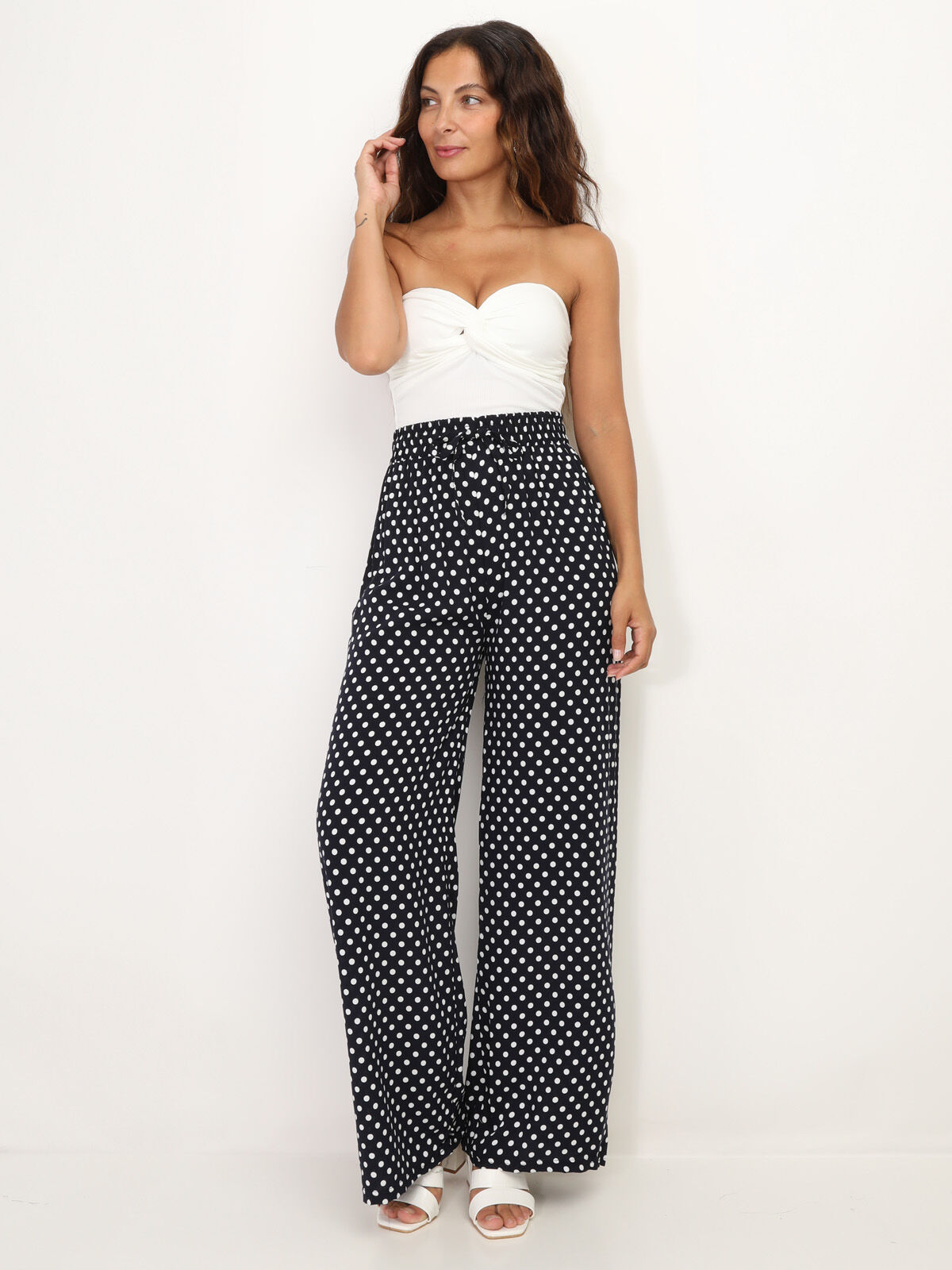 Pantalon ample à pois et liens- Bleu marine