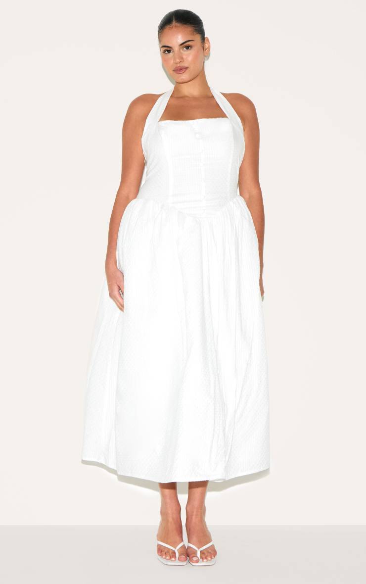 Blanc Robe Mi-longue Grande Taille En Coton Brodé À Encolure Américaine