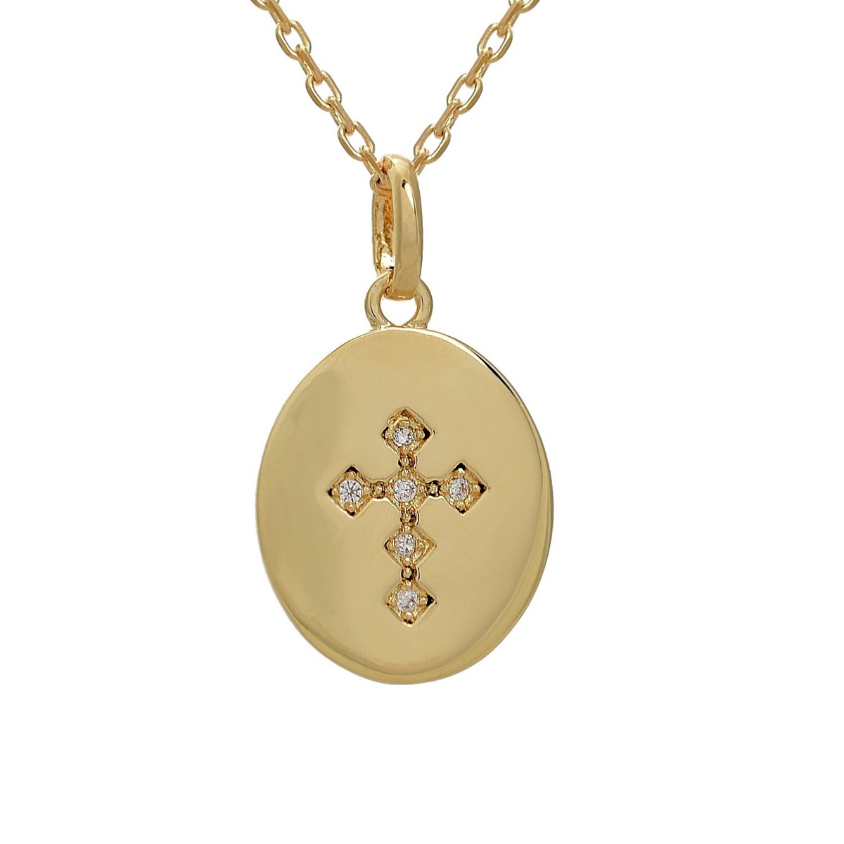 Collier médaille ovale croix sertie d'oxyde de zirconium Plaqué OR 750 3 microns
