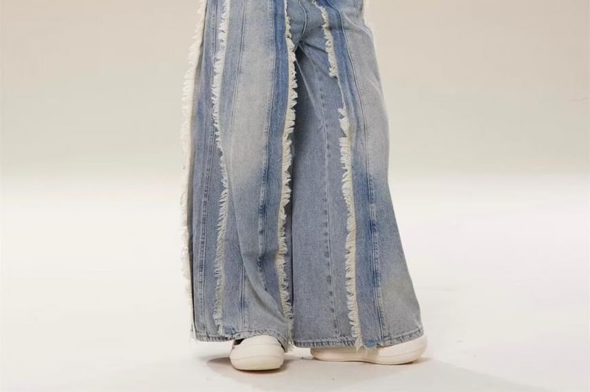 Vhancy - High Waist Washed Fringe Wide Leg Jeans