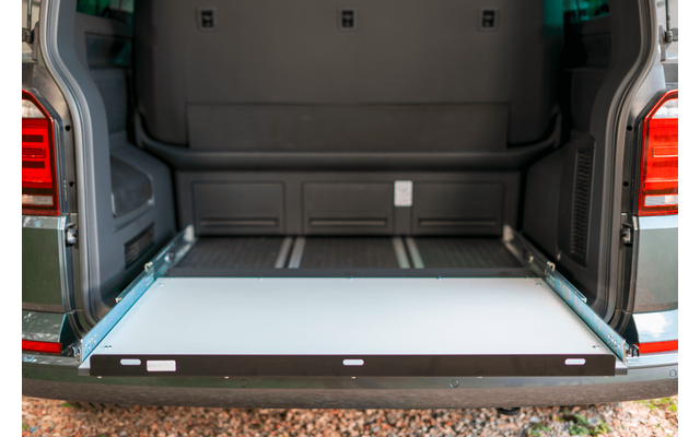 BusBoxx heckBOXX flex 750 bis 950 mm VW T5 / T6 / T6.1 Multivan / Beach Heckauszugs-Modul geteilt
