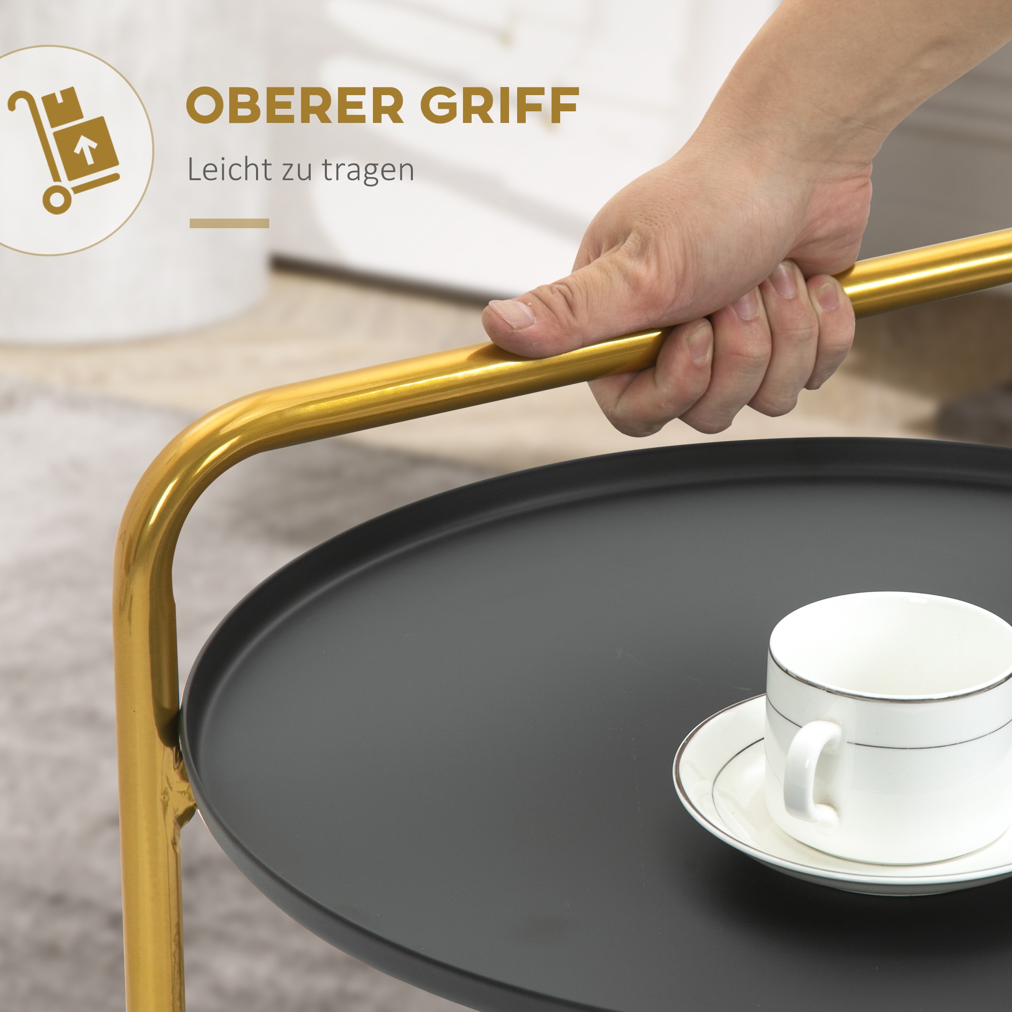 HOMCOM Beistelltisch mit Serviertablett schwarz, gold 43L x 45B x 61,5H cm
