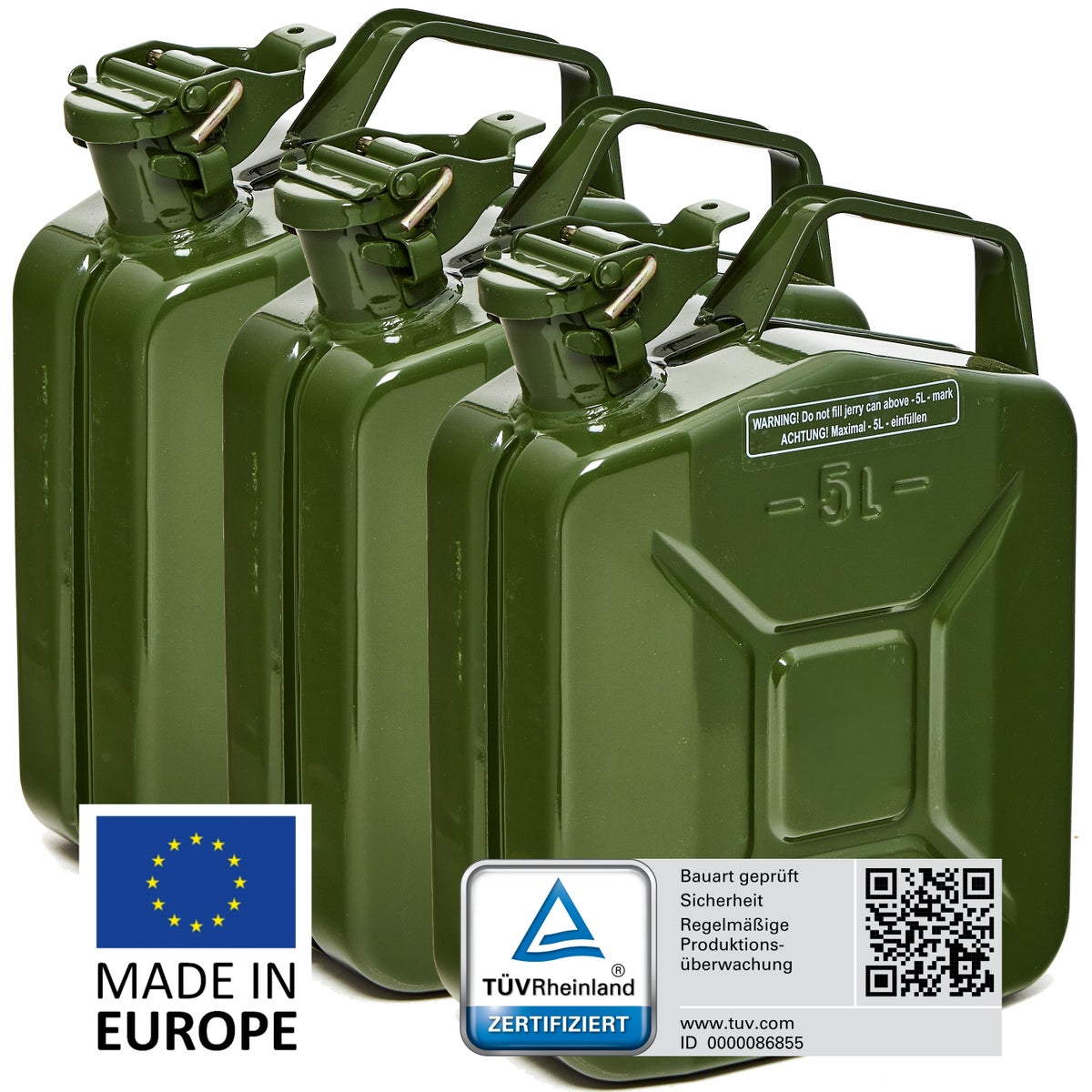 BW Metalen Brandstofbussen, Benzinebussen, 3 x 5 Liter - Olijfgroen - RAL 6003 - TÜV-getest en UN-goedgekeurd - Gemaakt in Europa
