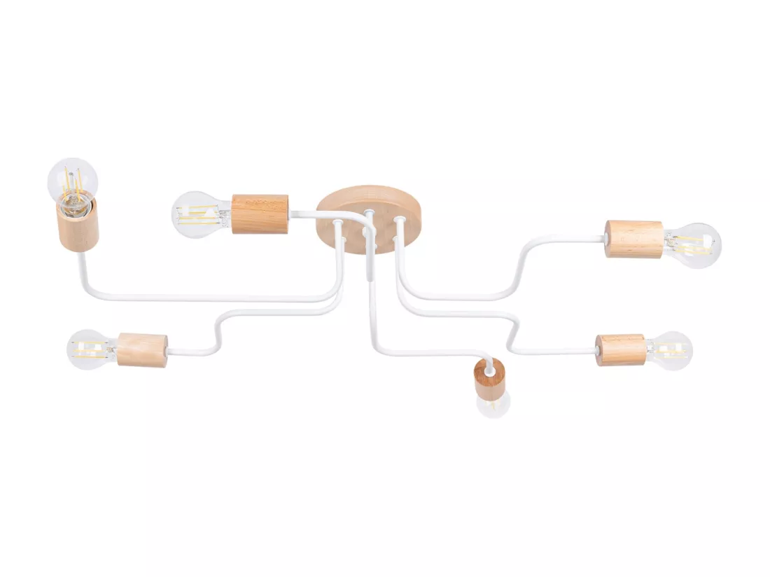 Lustre Timbo grenier en acier/bois - 6 sources lumineuses - L.85 x H.16,5 cm - blanc/bois naturel