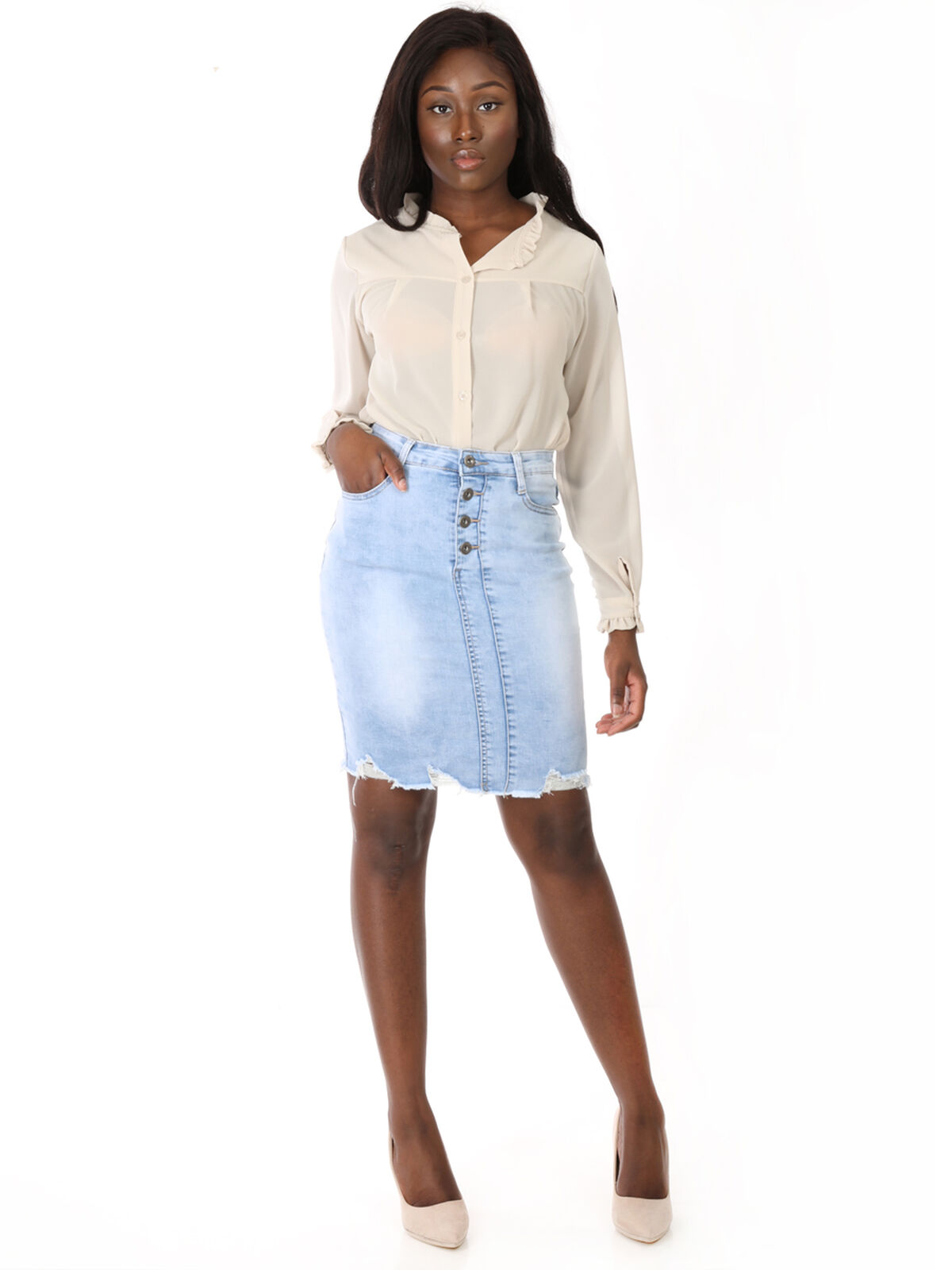 Jupe en jean effiloché à boutons- Bleu clair