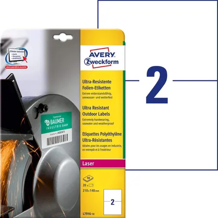 Avery Zweckform L7916-10 Ultra-Resistente Folien-Etiketten, 210 x 148 mm, 10 Bogen/20 Etiketten, weiß