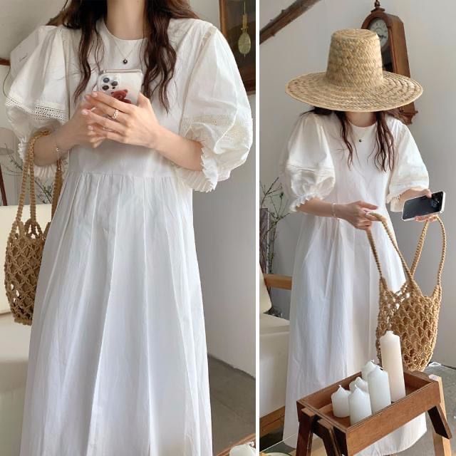 Inchioh - Maxi-zomerjurk met pofmouwen, ronde hals en effen kant