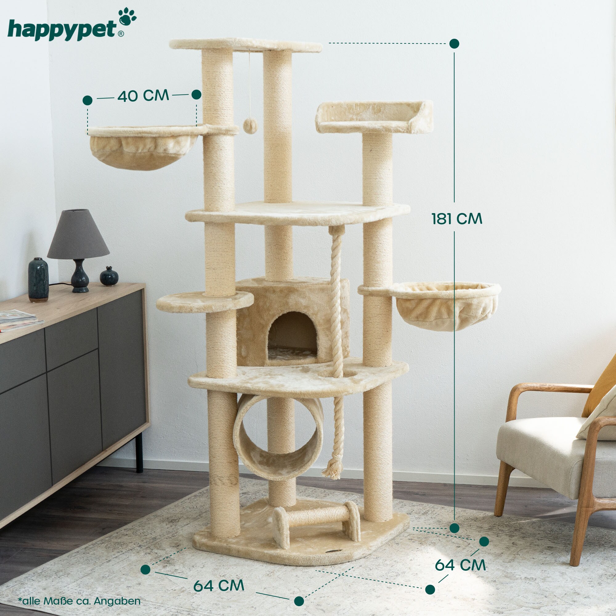 HAPPYPET Kratzbaum für Katzen groß 181 cm hoch - Stabiler Kletterbaum Katzenbaum, dicke Stämme mit 11 cm, Haus & Spieltunnel, große Liegemulden, Spietau mit Kratzrolle | Beige