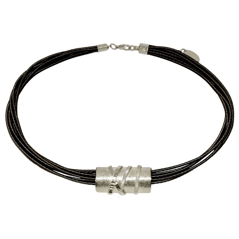 Collier ras du cou en plaqué argent noir martelé à la main avec des fils métalliques - Bijou de créateur