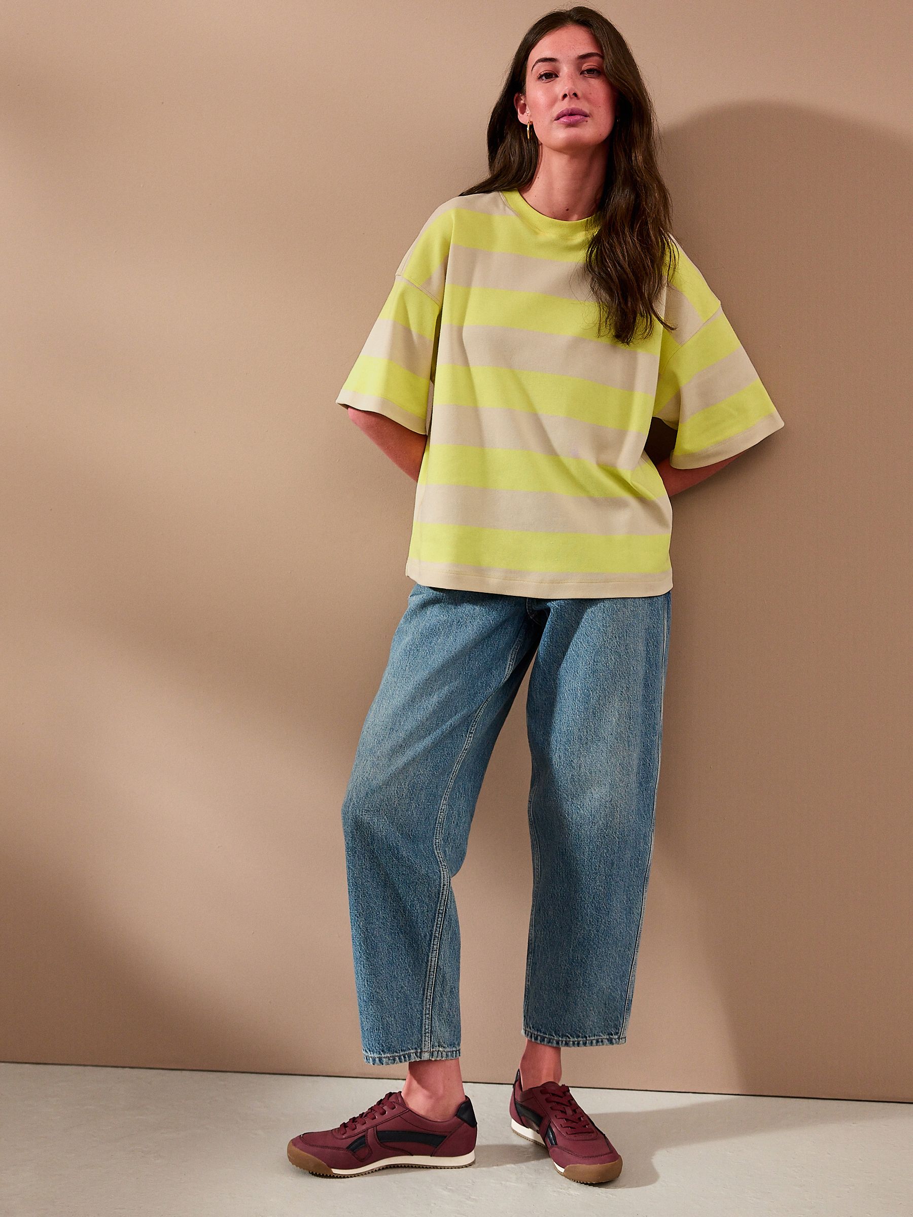 Geel/Ecru - Boxy oversized T-shirt met relaxte pasvorm van zware stof en ronde hals