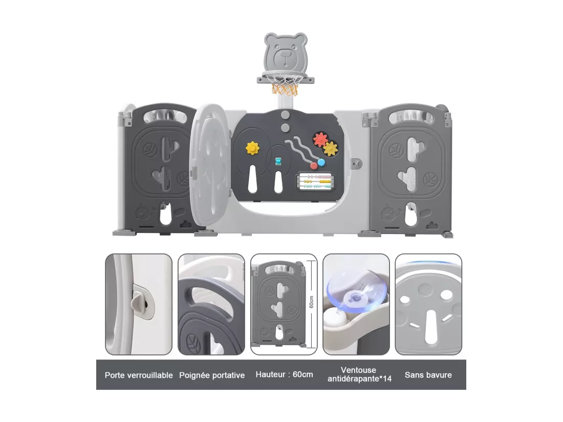 Yoleo Grand Parc Bébé Pliable gris, 20+2 panneaux modulable plastique écologique, avec Panier de Basket, 230x230x60cm