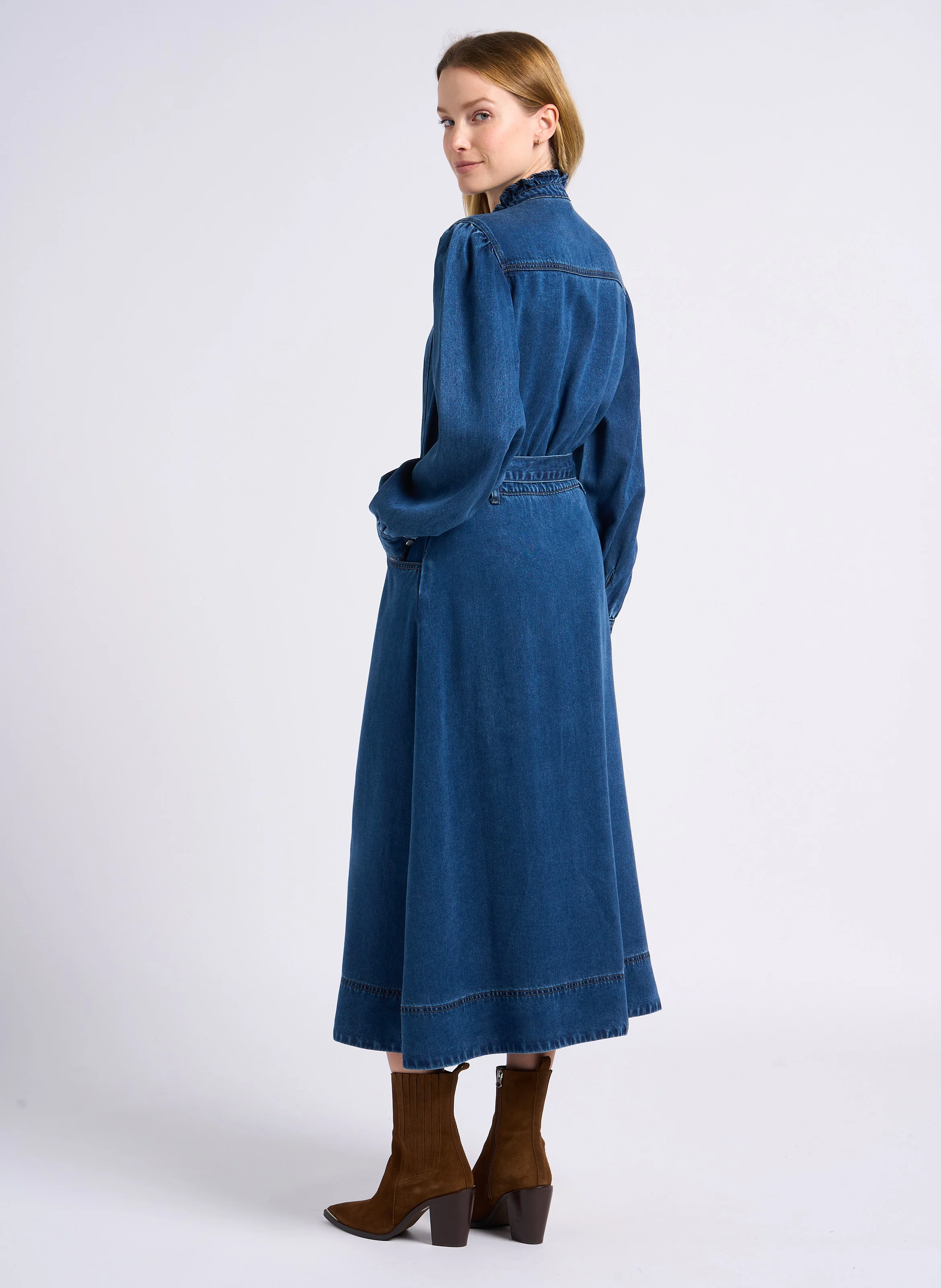 CHONA - Robe longue col victorien en jean | Bleu