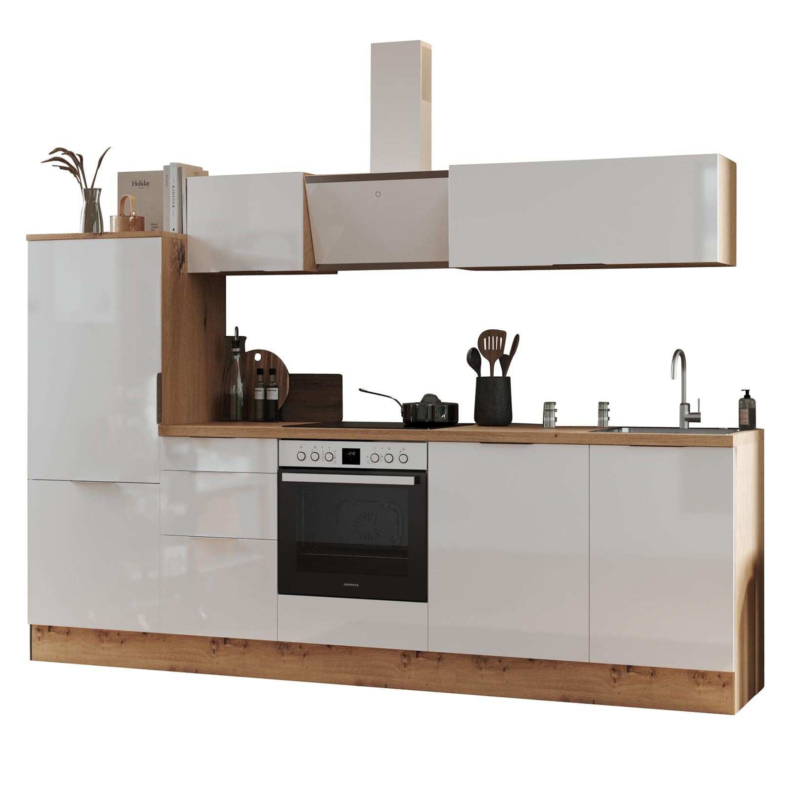 RESPEKTA Küchenblock - weiß Hochglanz - Artisan Eiche - mit E-Geräten - 280 cm