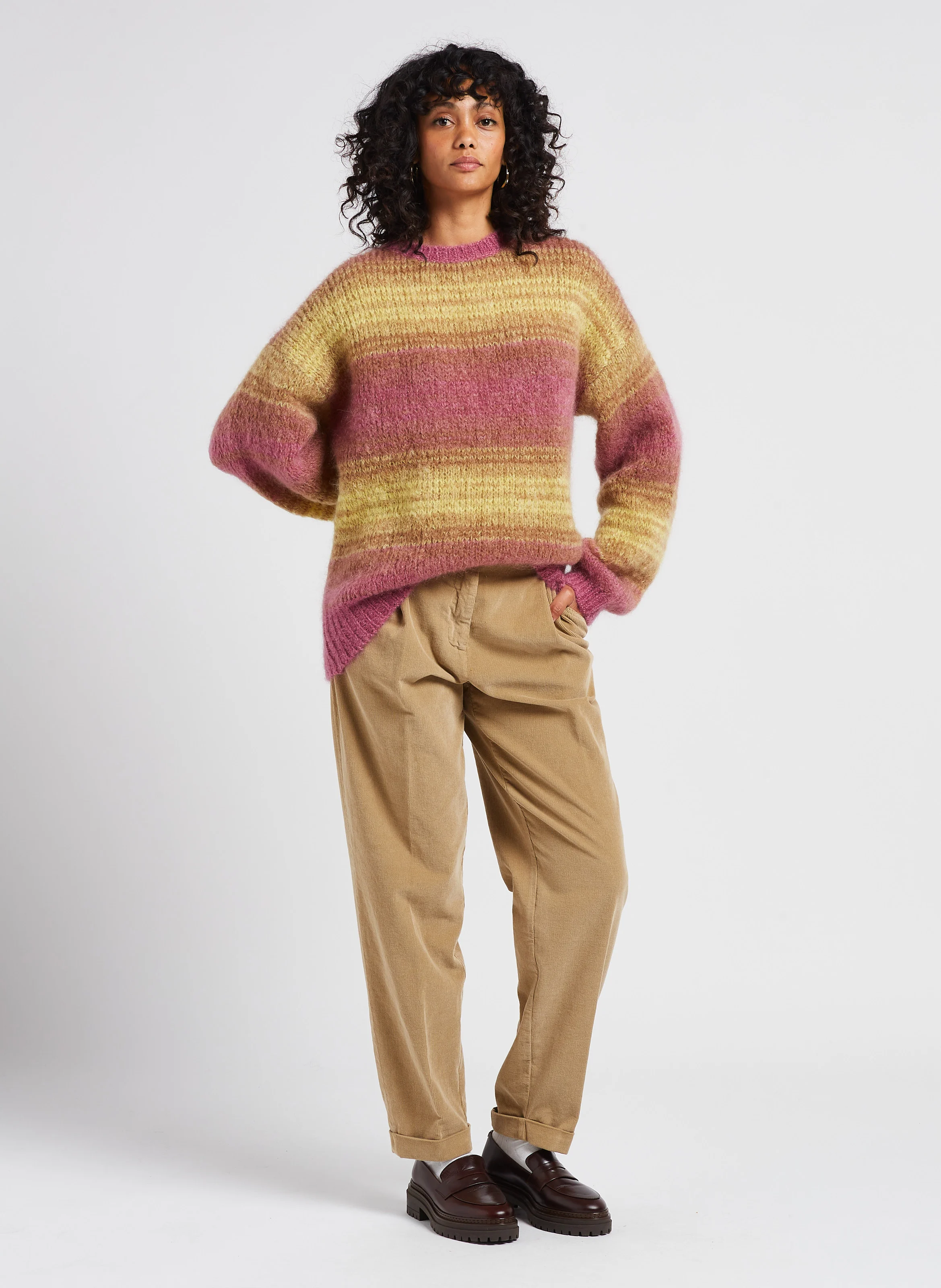Pull col rond rayé en mohair mélangé| Multicolore