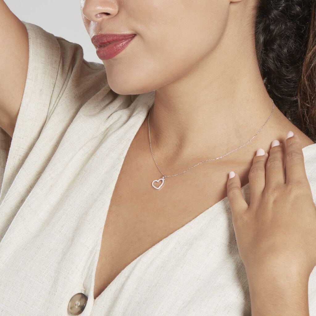 Pendentif Coeur Penche Or Blanc Oxyde De Zirconium