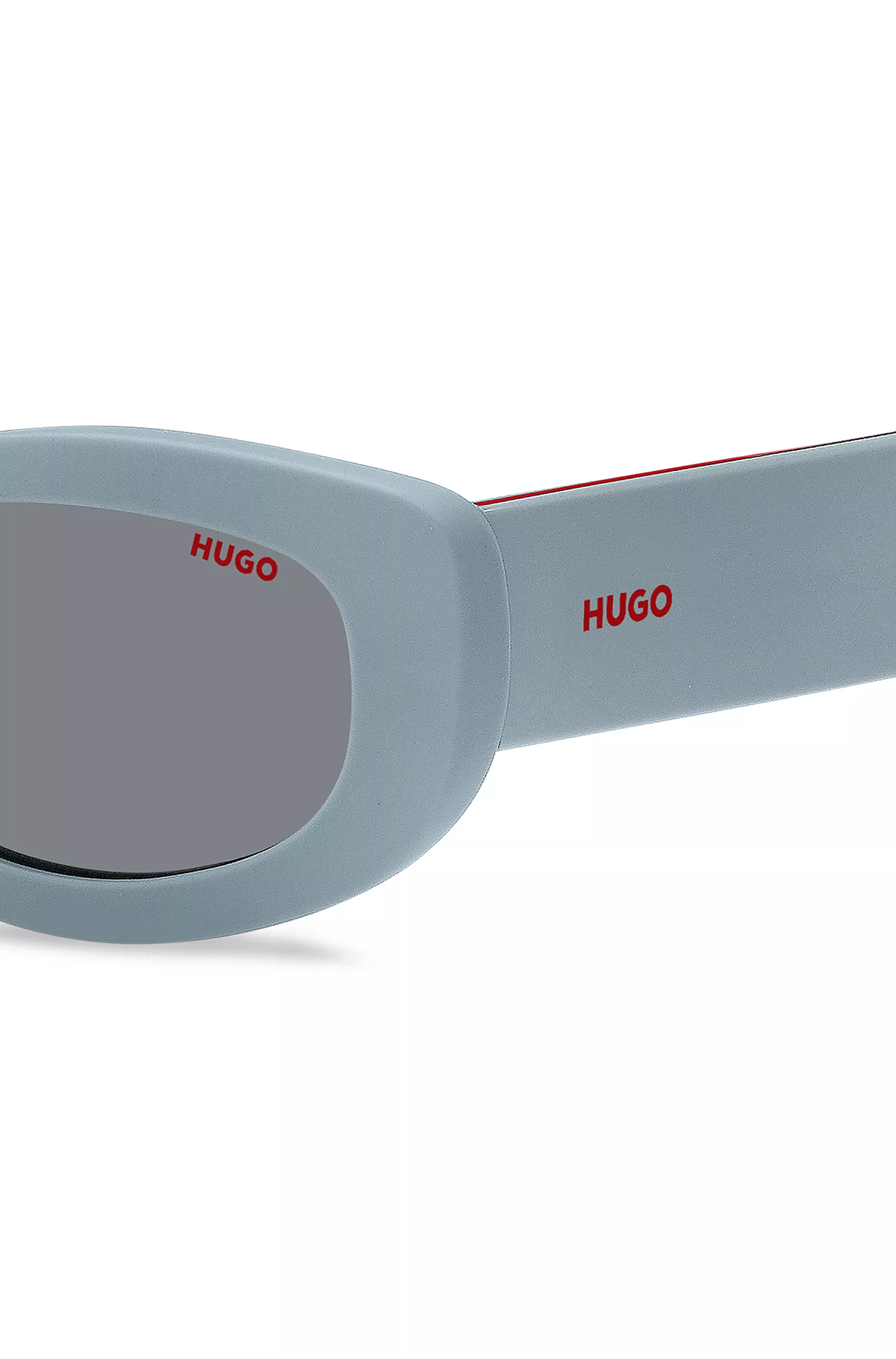 Óculos de sol HUGO vermelho e azul com hastes personalizadas.