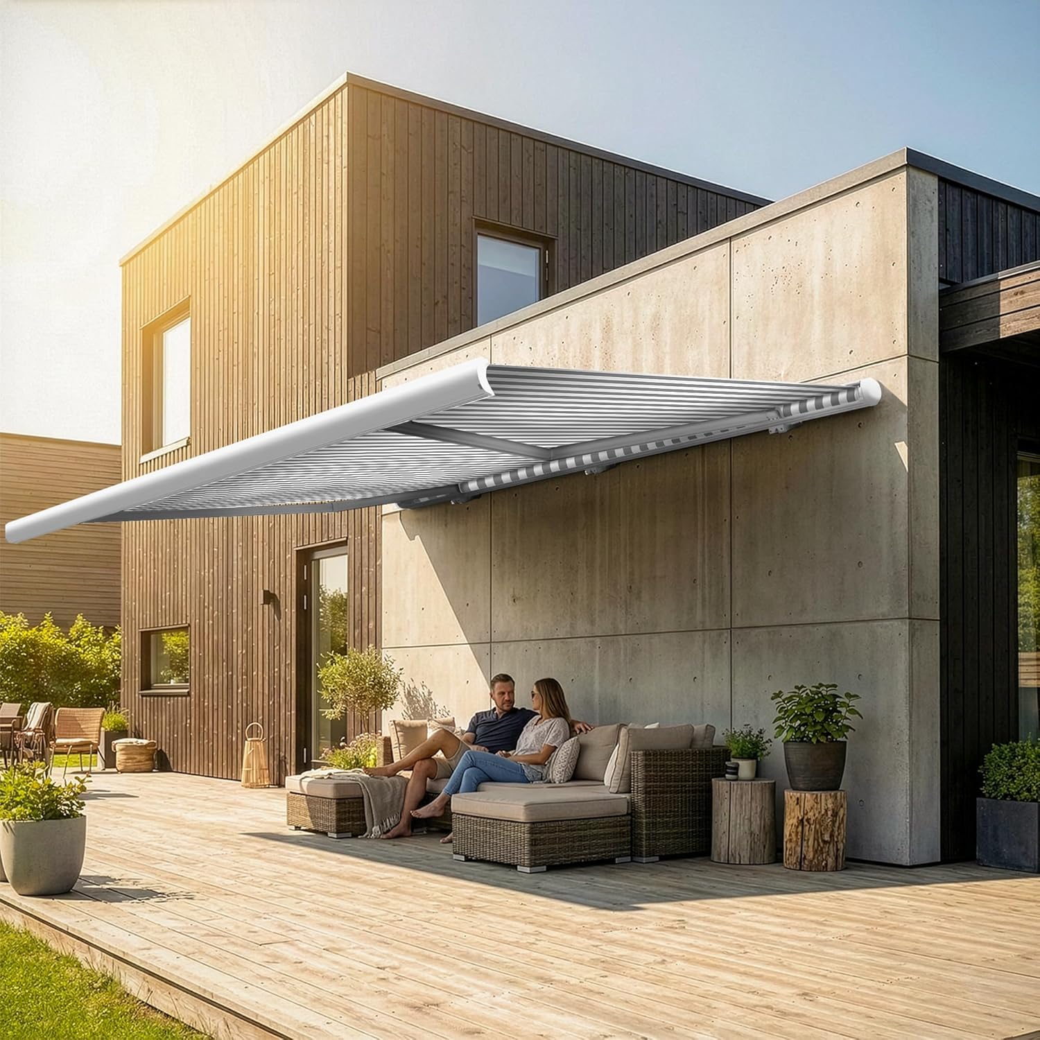 Eclipse Vollkassettenmarkise Premium elektrisch 3x2,5m Markise Balkon Terrassenüberdachung Kassettenmarkise Gelenkarm Polyacryltuch UV-Schutz 50+ Smarthome-fähiger Dooya Motor, Markisentuch: Grau-Weiß