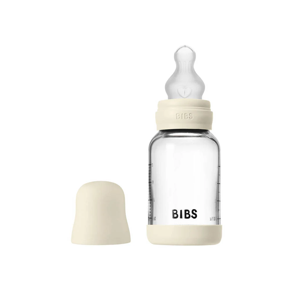 BIBS Glazen Babyfles - 120 ml - Ivory - met silicone speen en opvouwbare trechtertje
