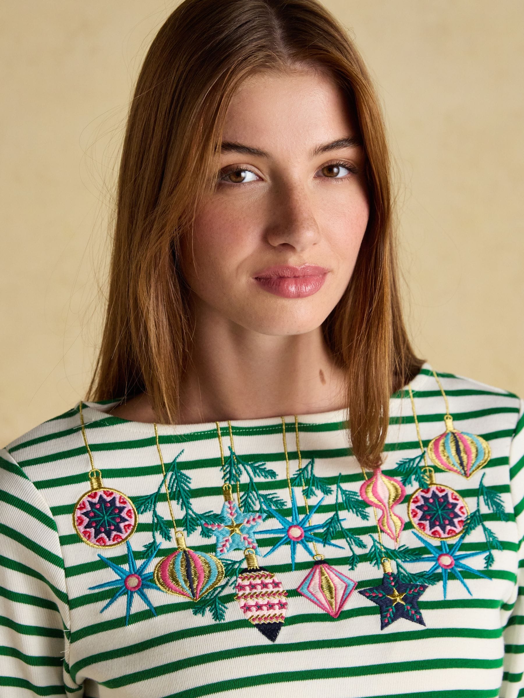 Green/White Bauble - Joules Christmas Harbour Boat Neck Breton Top