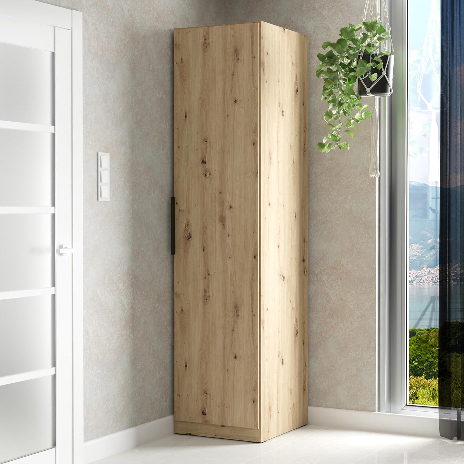 Forte CADIXO Mehrzweckschrank 50, Skandi Eckschrank, 1-türig, Holzwerkstoff, Flur/Wohn-/Schlafzimmer, Artisan Eiche Holzdekor, 51,2 cm breit x 212,9 cm hoch x 58,9 cm tief