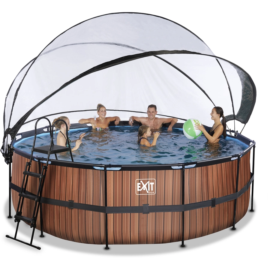 EXIT Frame Pool ø427x122cm (12v Sandfilter) – Holz Optik + Sonnendach + Wärmepumpe