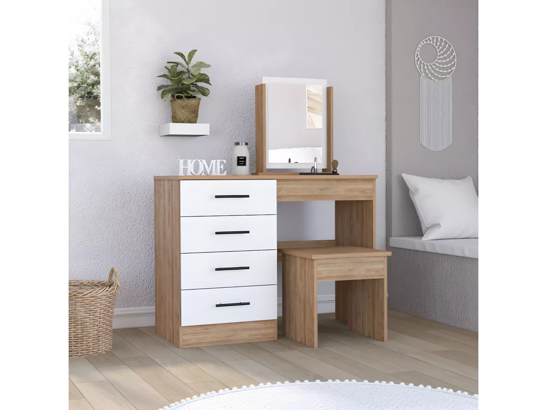 Table de maquillage de miroir Kaia avec 4 tiroirs et siège inclus 126,7 cm à x 100 cm L x 42,5 cm P, blanc / gris