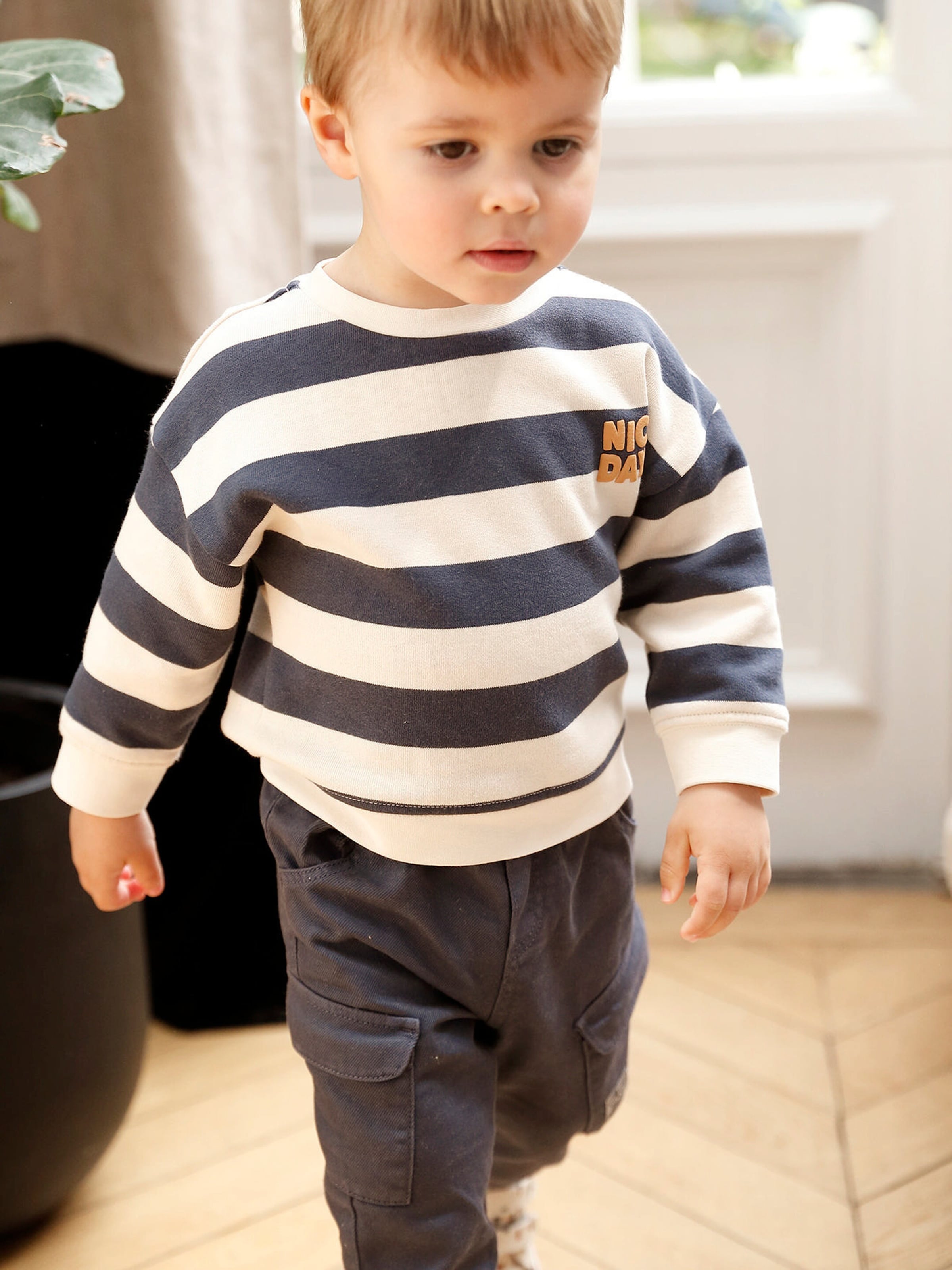 Vertbaudet Jungen Baby-Set: gestreiftes Sweatshirt & Cargohose schieferblau
