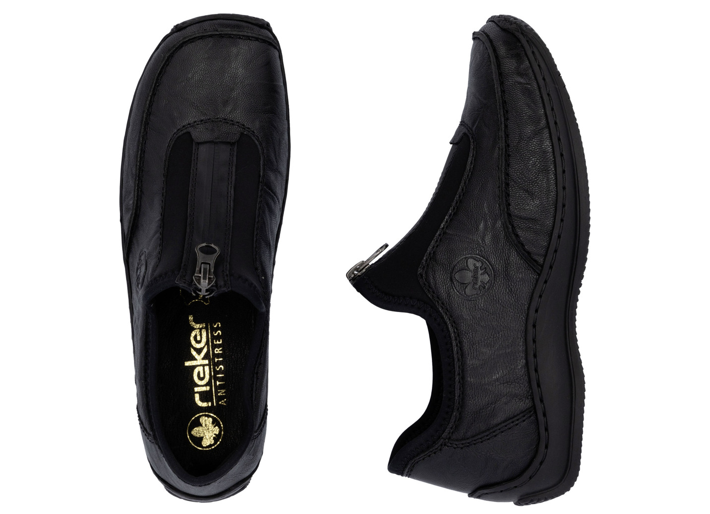 Rieker Slipper aus genarbtem Nappaleder und dehnbarem Textilmaterial