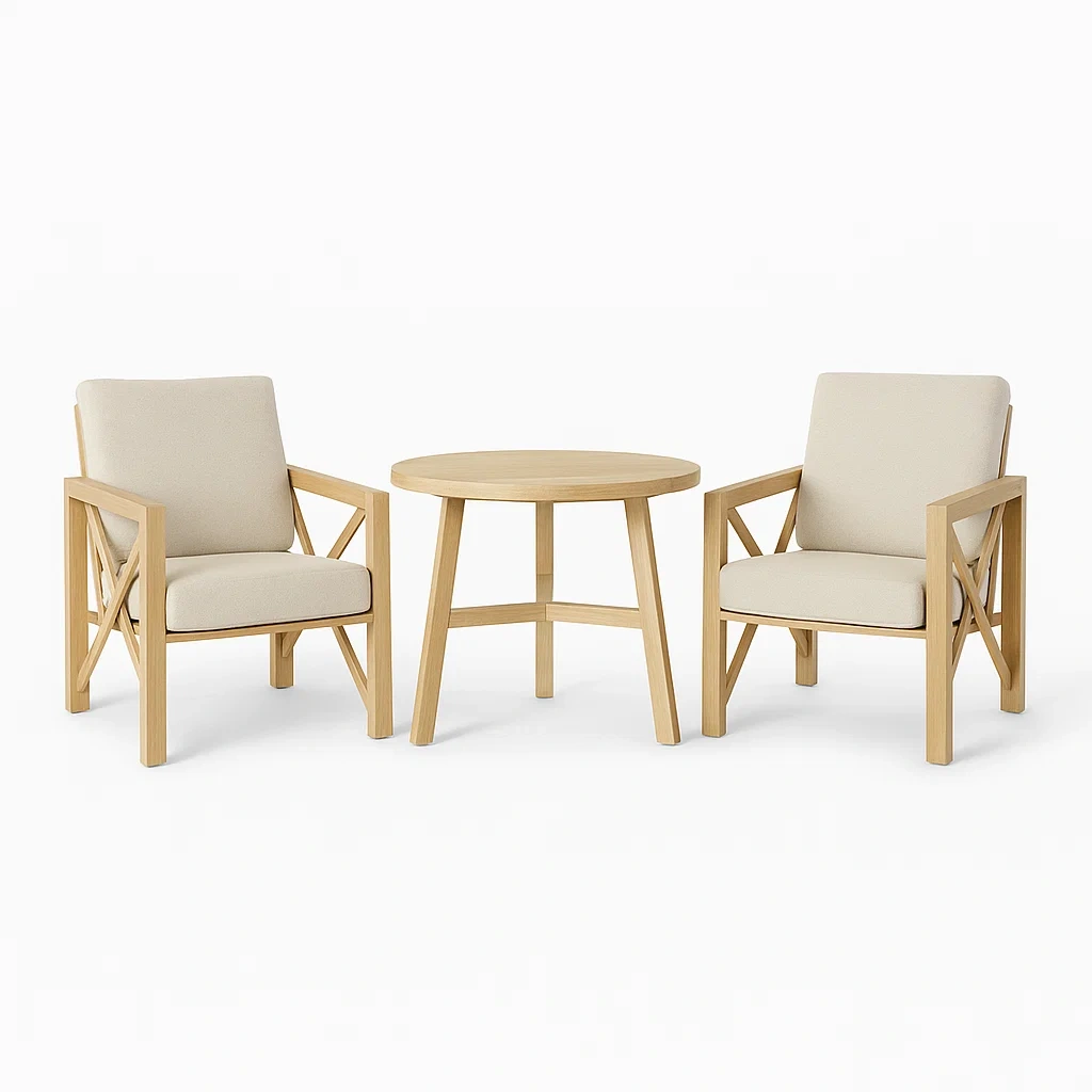 Ensemble de mobilier de jardin en bois avec coussins écru