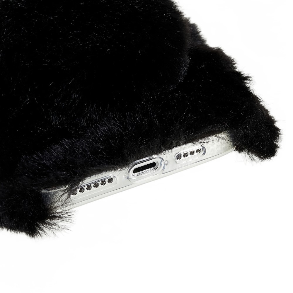 iPhone 14 Pro 3D Gummi Plüsch Case Hülle Bunny mit Flauschigen Hasenohren - Schwarz