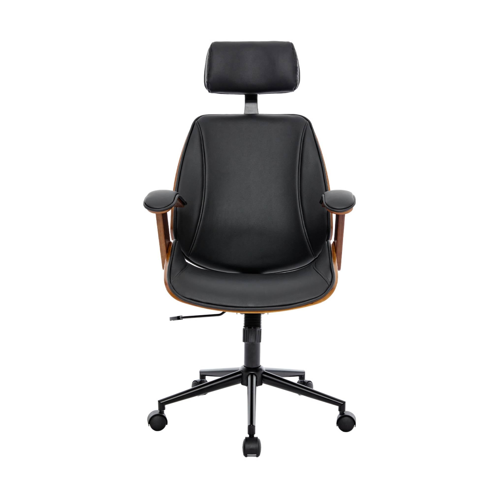sweeek - Bureaustoel met wielen, gebogen hout en kunstleren afwerking