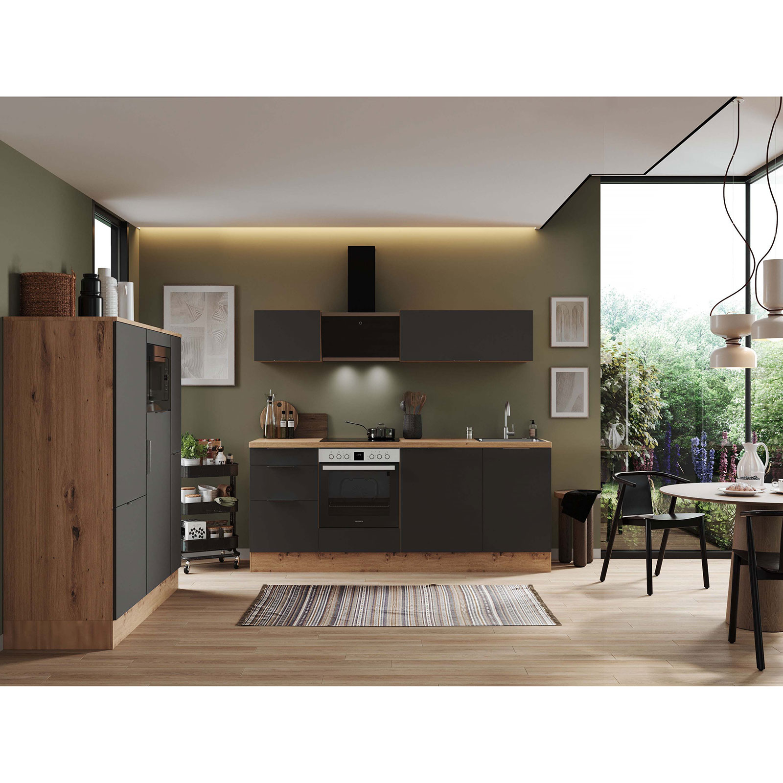 RESPEKTA Küchenblock - grau matt - Artisan Eiche - mit E-Geräten - 370 cm