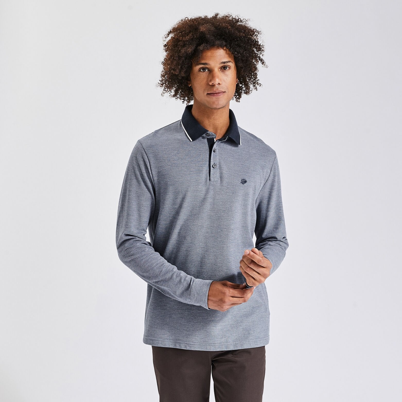 Polo manches longues piqué à col contrasté Bleu foncé