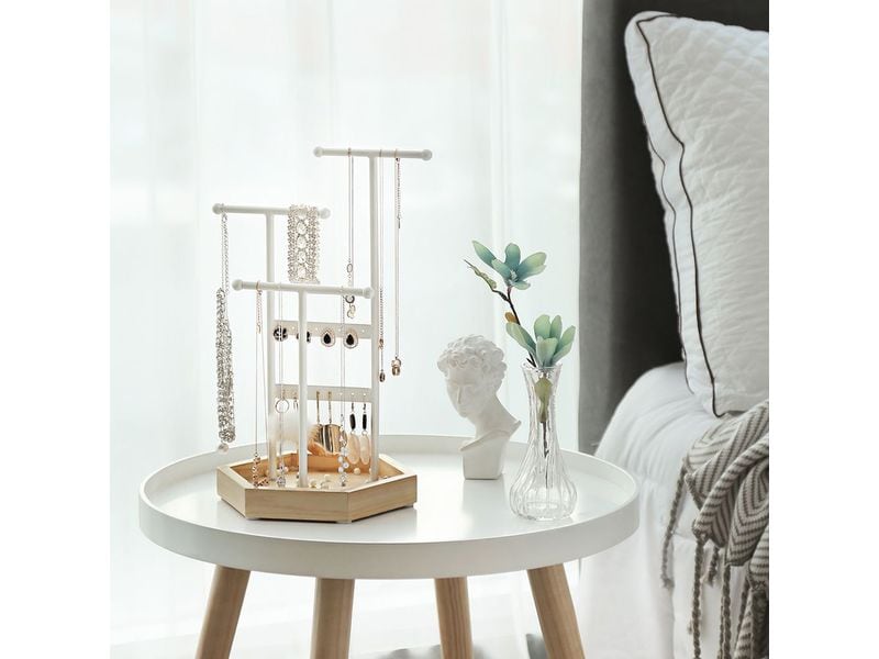 Songmics Schmuckhalter 36 cm, Weiss-Natur Schmuckständer mit Schale