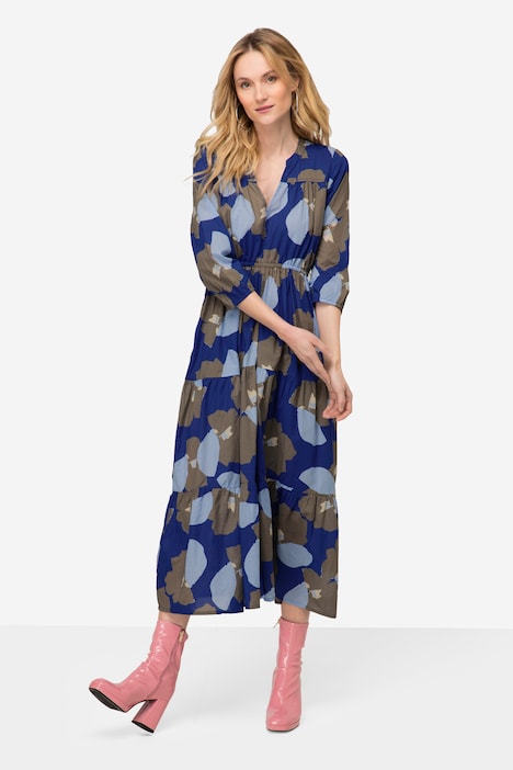 Kleid, Blüten Print, Stehkragen, 3/4-Ärmel